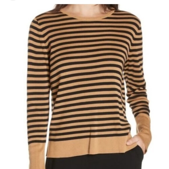 Eileen fisher tan and black stripe sweater size Large - Picture 1 of 8